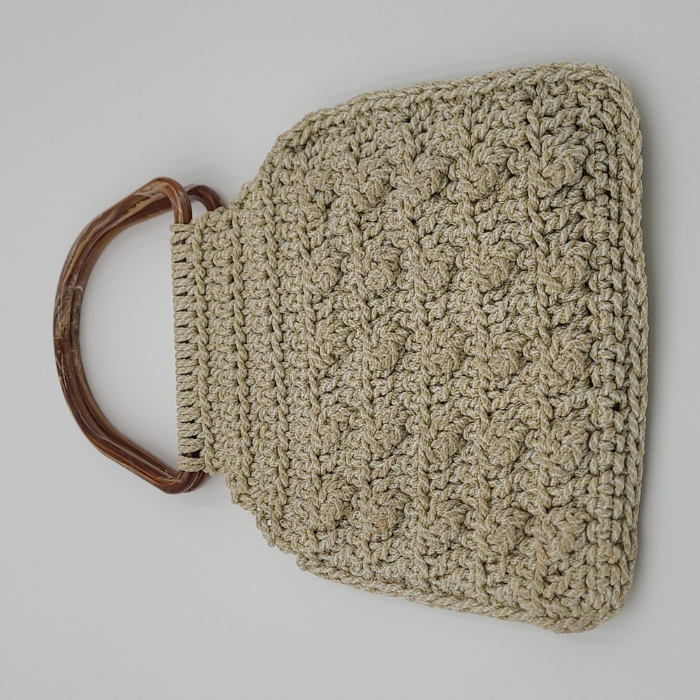 Vintage Crochet Handbag Beige Knit‎ Top Handle Bag Marbled Resin Handles